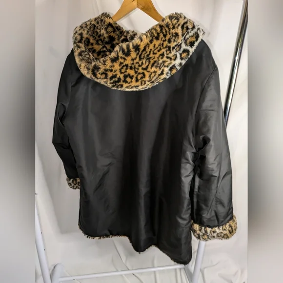 Plus Size Reversible Coat | Animal Print Teddy & Black Parka - Picture 2 of 6